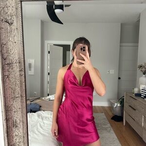 Chic Backless Satin Dress in Vibrant Pink